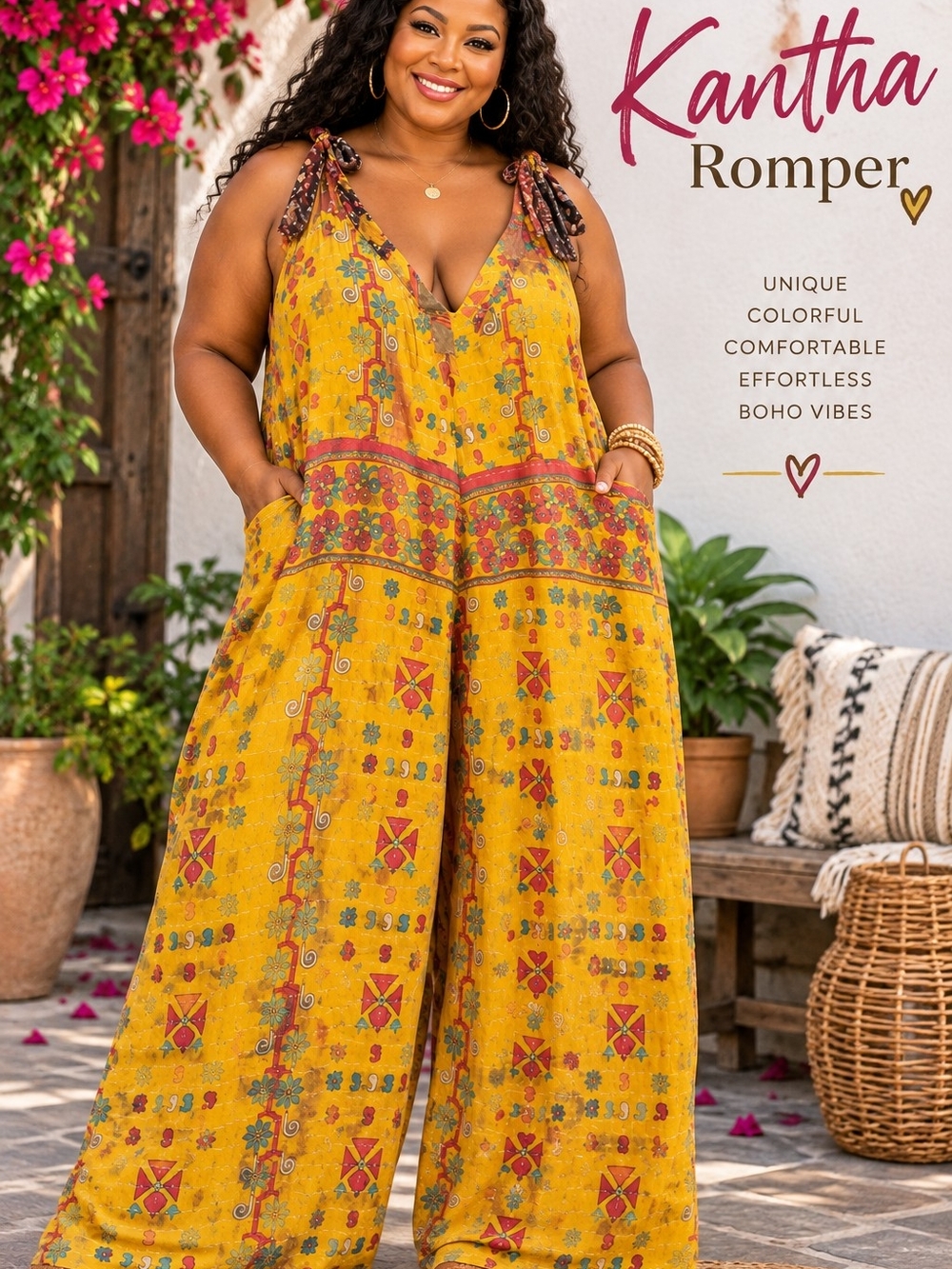 Kantha Patchwork Wide Leg Tie Shoulder Romper Jumpsuit Boho Fits Up to 1X